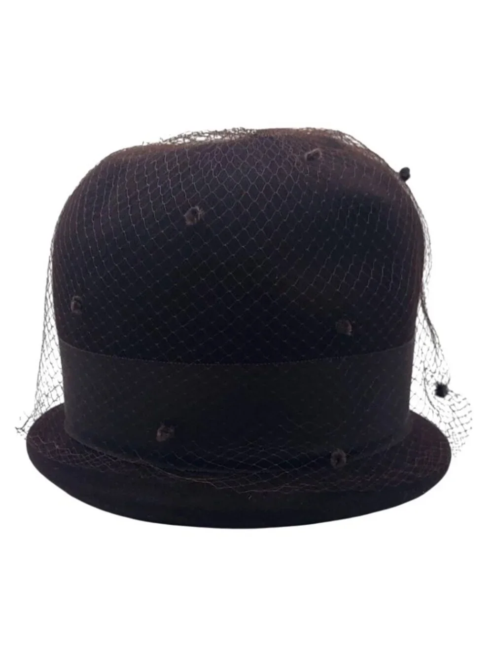 Henry Pollak Ritz Cloche Hat Brown Wool Netting Grosgrain Ribbon Bow Vintage MCM